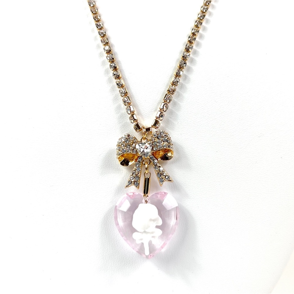Betsey Johnson Crystal Heart Flower Bow Pendant Necklace NEW - Picture 3 of 7